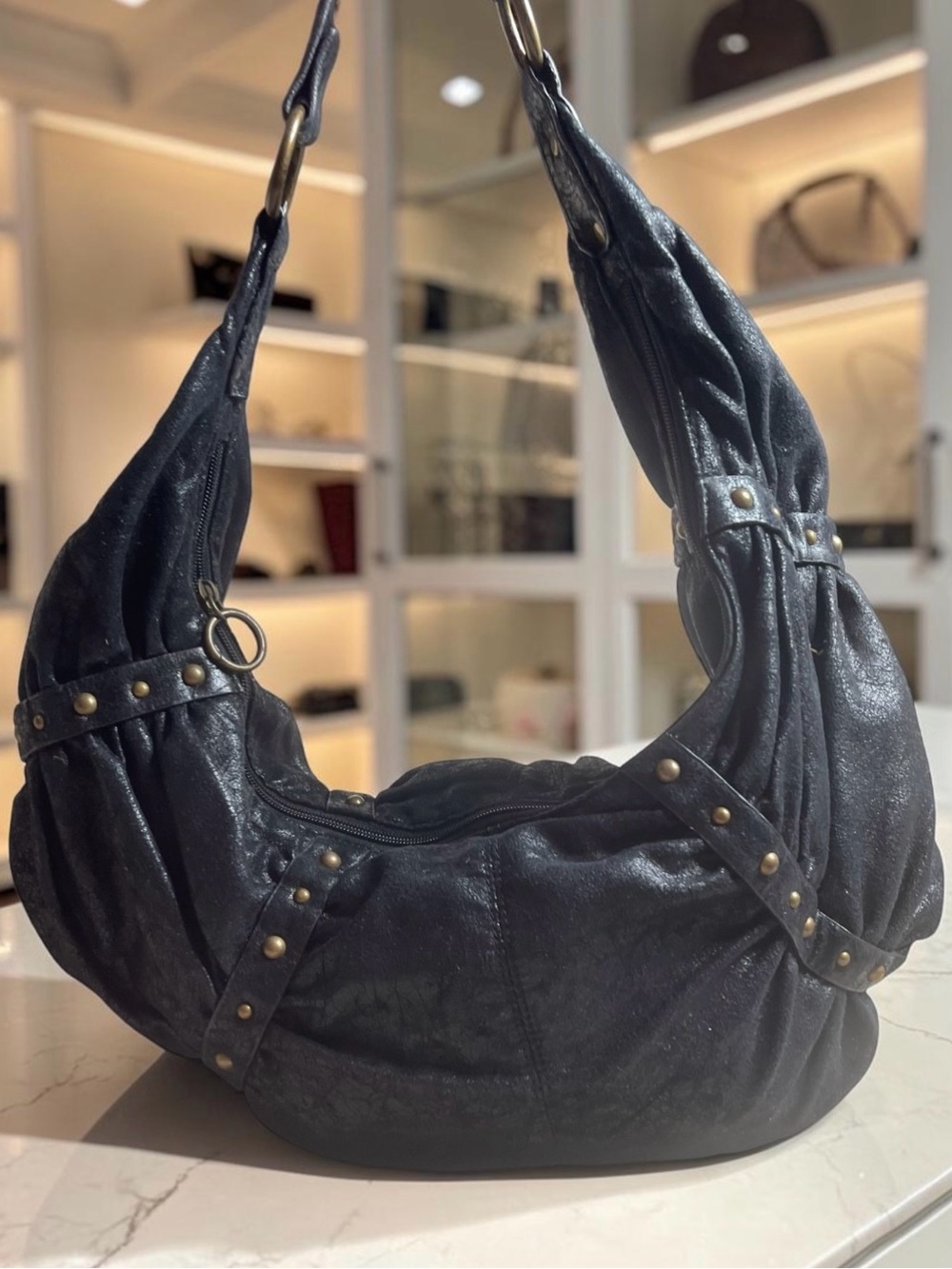 Vintage Gustto Black Leather Pleated Hobo Shoulder Bag Gold Studded Large